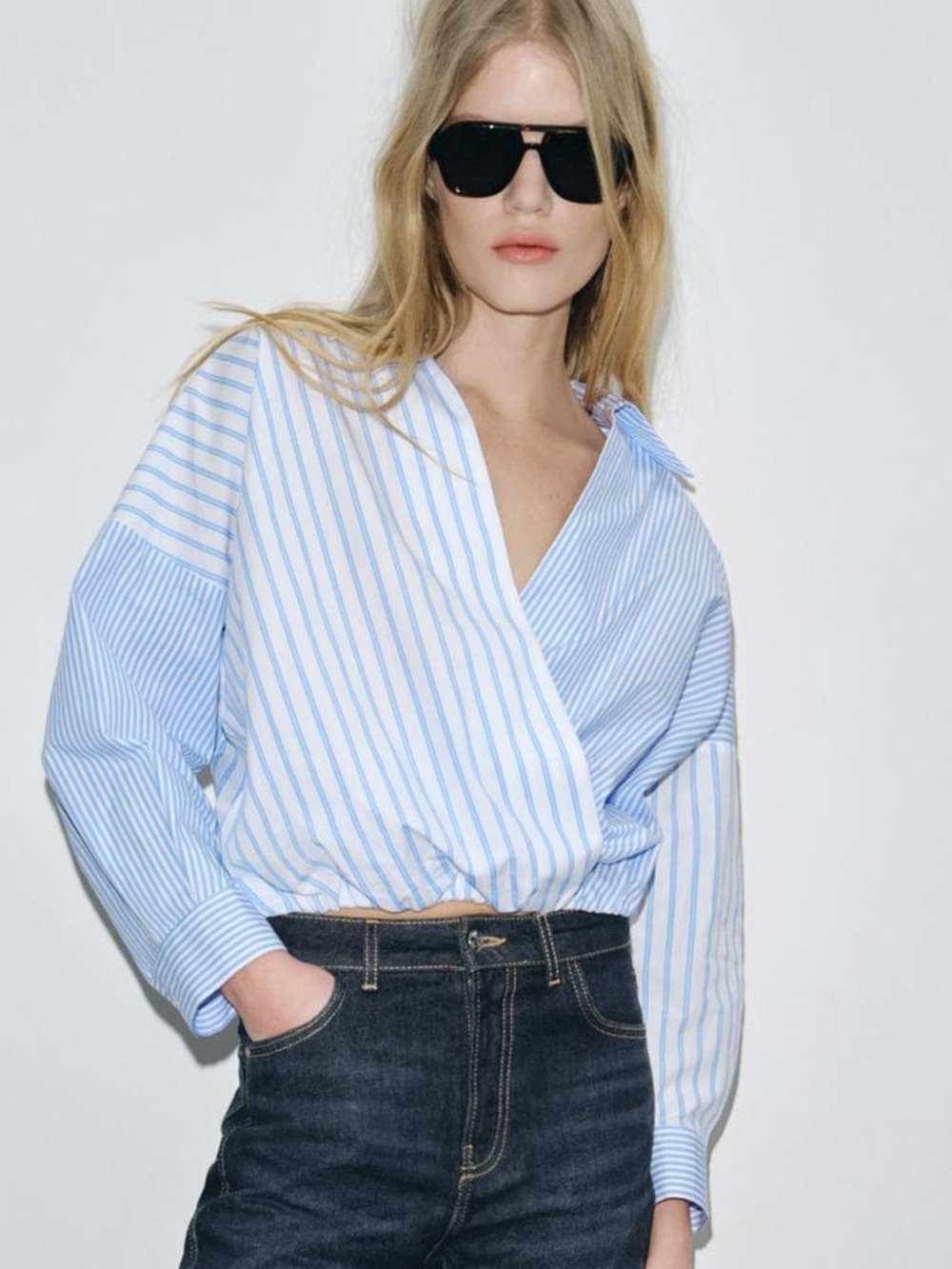 NEW! Zara Blue and White Patchwork Striped Poplin Shirt Size S